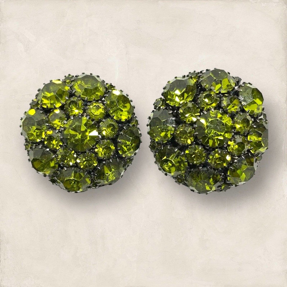 Hobe 1966 Olive Green Rhinestone Dome Cluster Clip-on Silver Tone Earrings